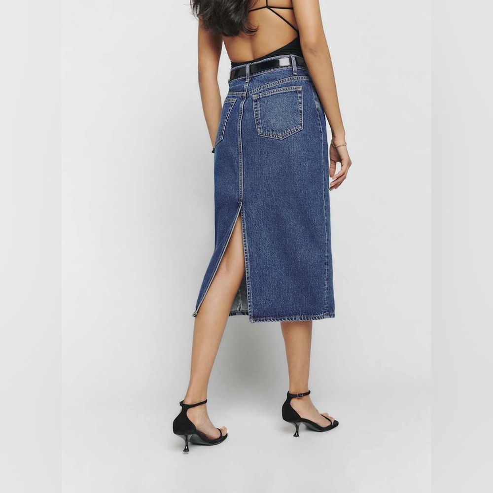 REFORMATION Jayde High Rise Denim Midi Skirt in Hana - Picture 2 of 7